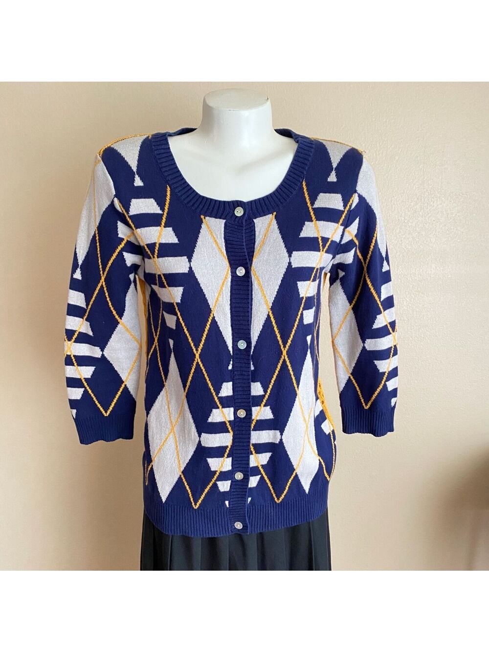Copper Key L 100% Cotton Blue Gold Argyle Open Crochet 3/4 Sleeve Knit Cardigan